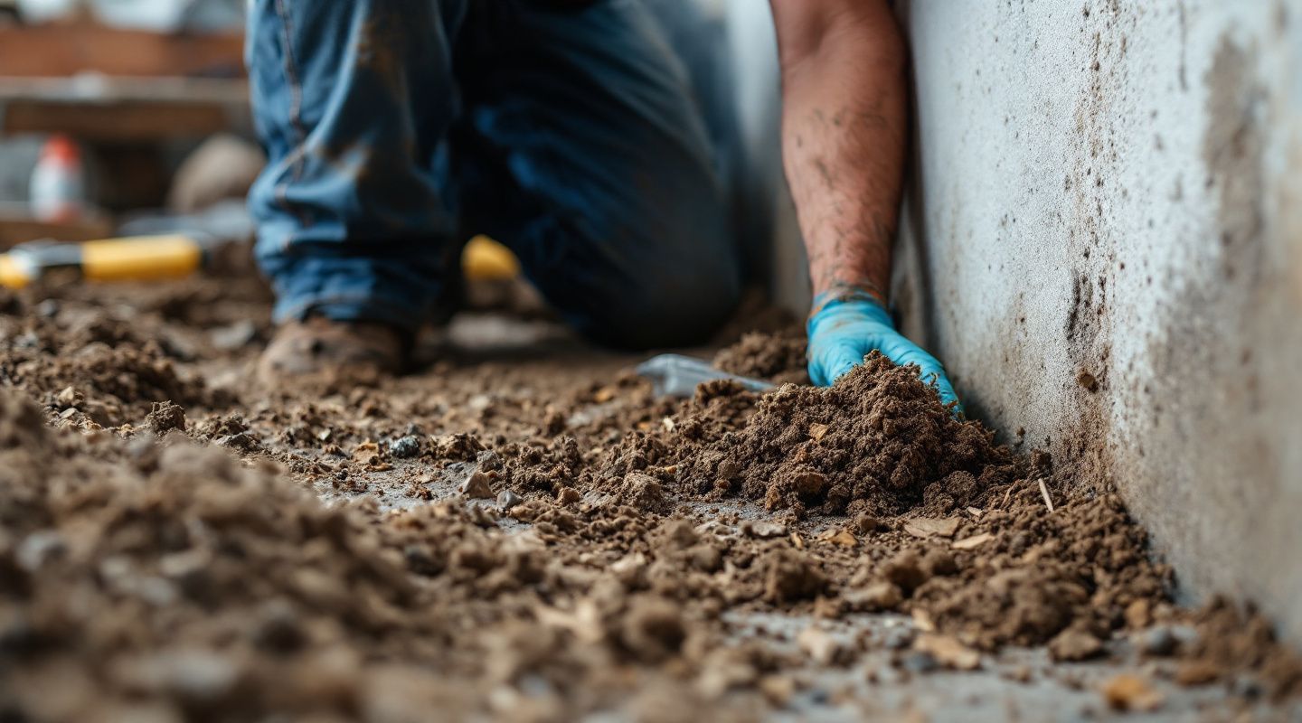 A wide-angle view of a clean, dry crawl space with white plastic vapor barrier lining the dirt floor and concrete block walls.